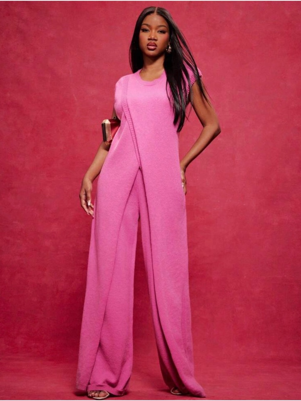 NWT Pink Knit Two Piece Lounge Set Size Medium Long Overlay Top Wide Leg Pants